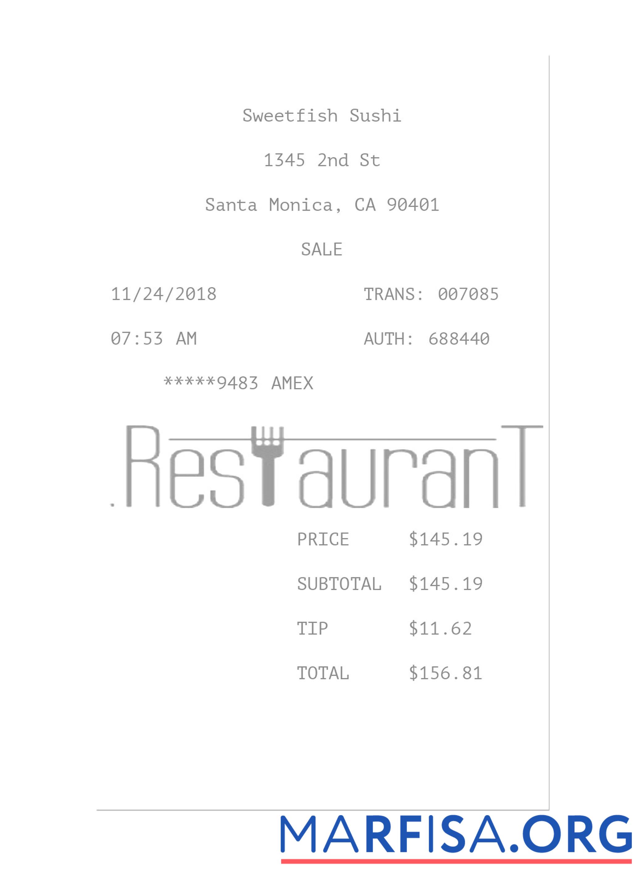 Downloadable SWEETFISH SUSHI payment receipt example